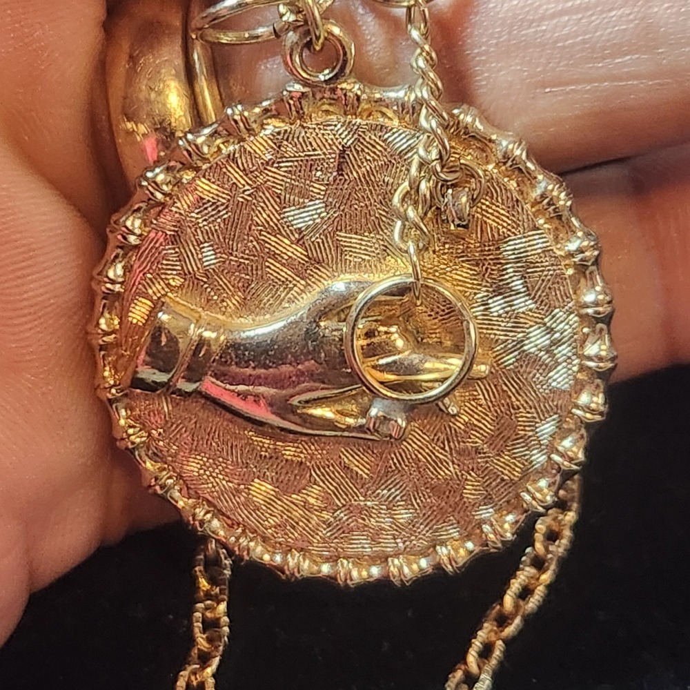 Vintage Gold Tone Victorian Hand Medallion Necklace Textured Disc 18 Inch Chain